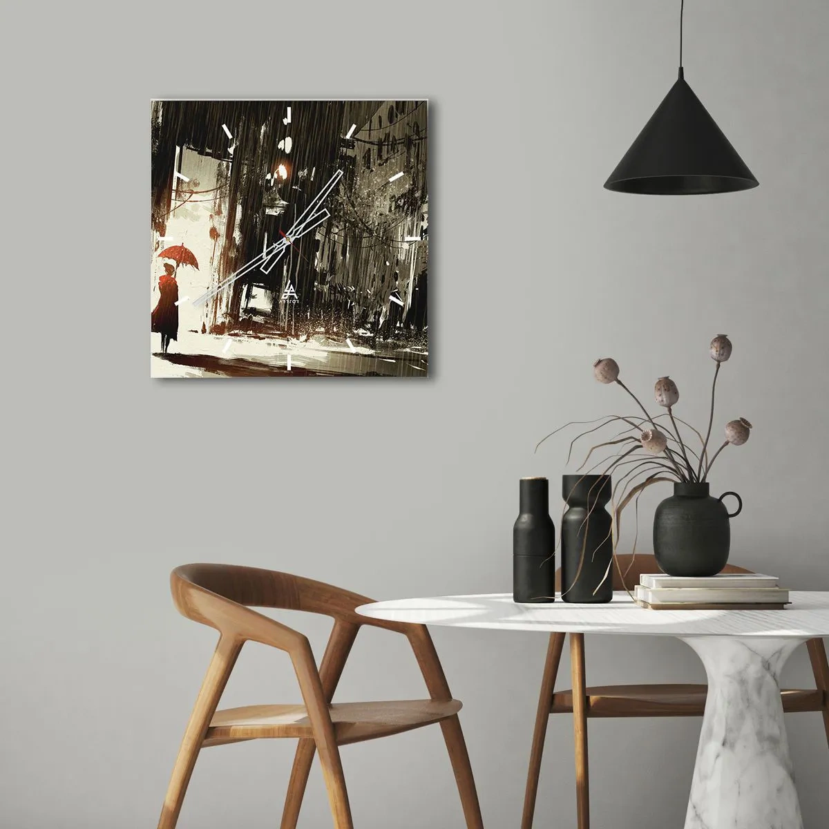 Relógio de parede - Relógio em vidro - A poesia do guarda-chuva vermelho - 40x40 cm