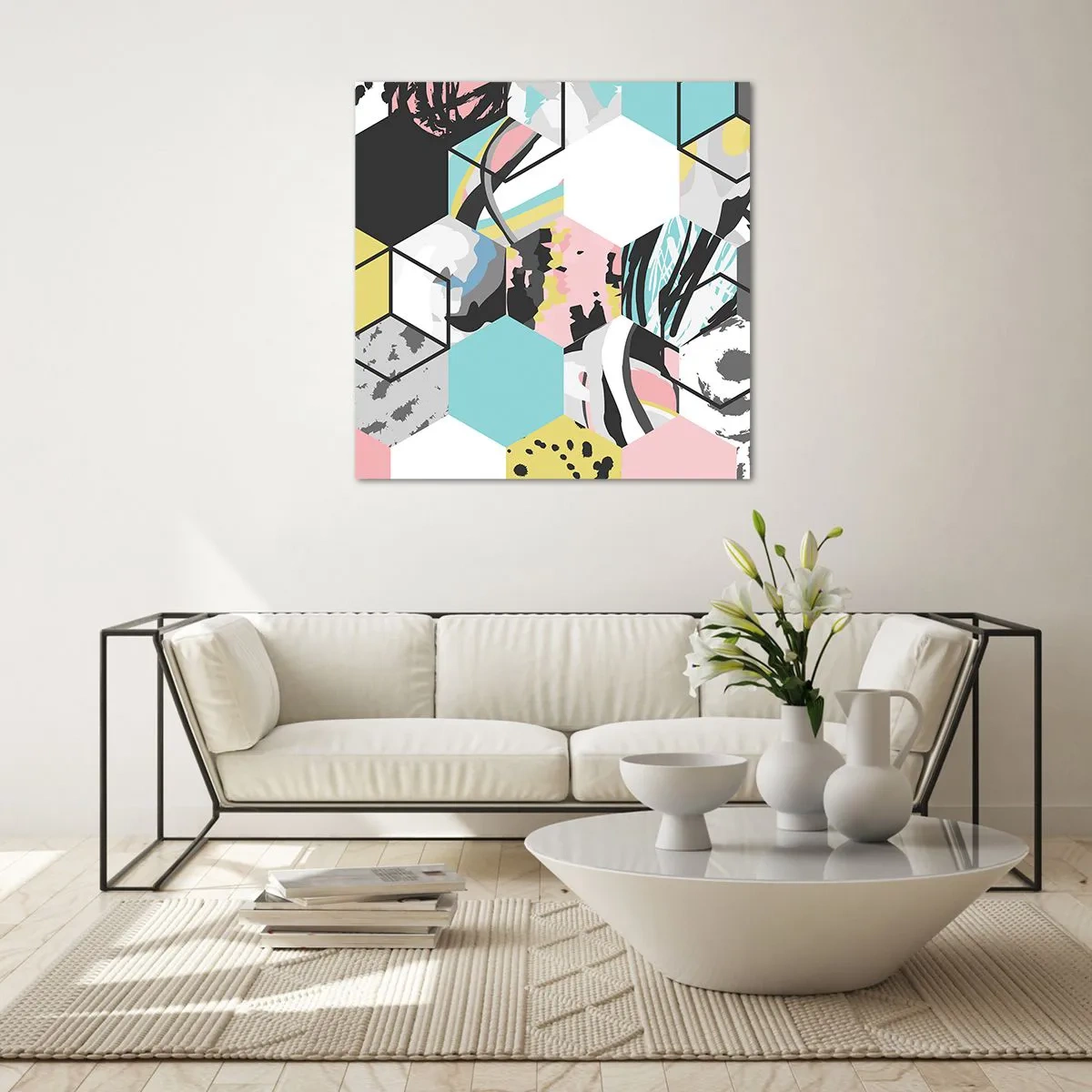 Quadro em vidro - Hexágonos e cubos em seis cores - 40x40 cm