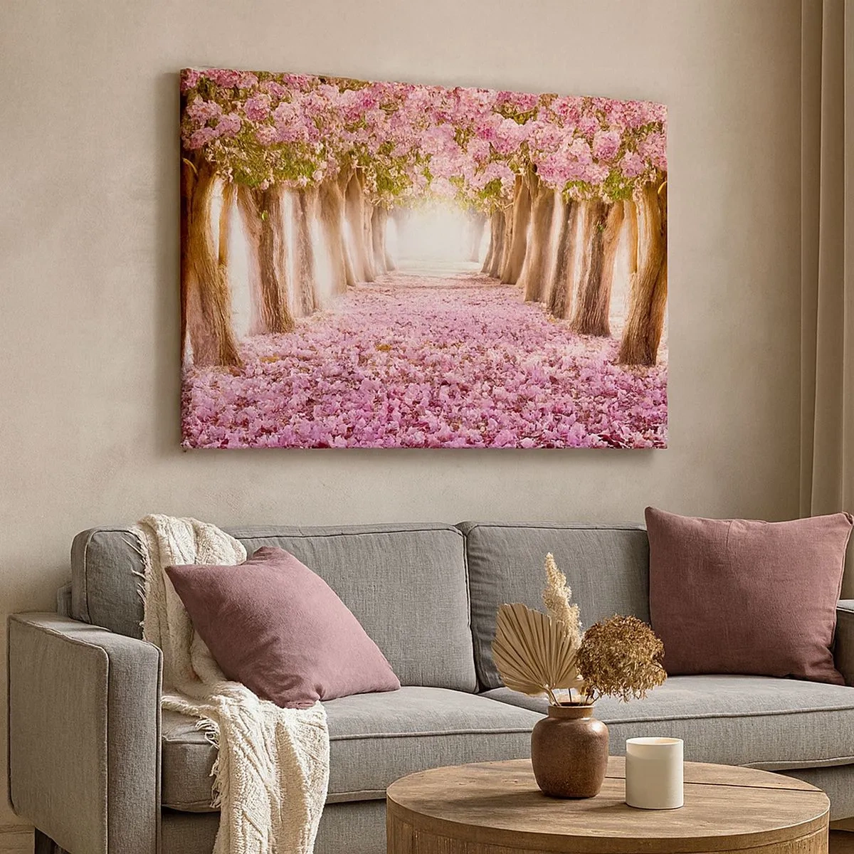 Quadro em tela - Uma avenida de árvores floridas em tons de rosa - 70x50cm - O Caminho para o Paraíso - Decoração de parede moderna para a sala de estar e quarto ARTTOR