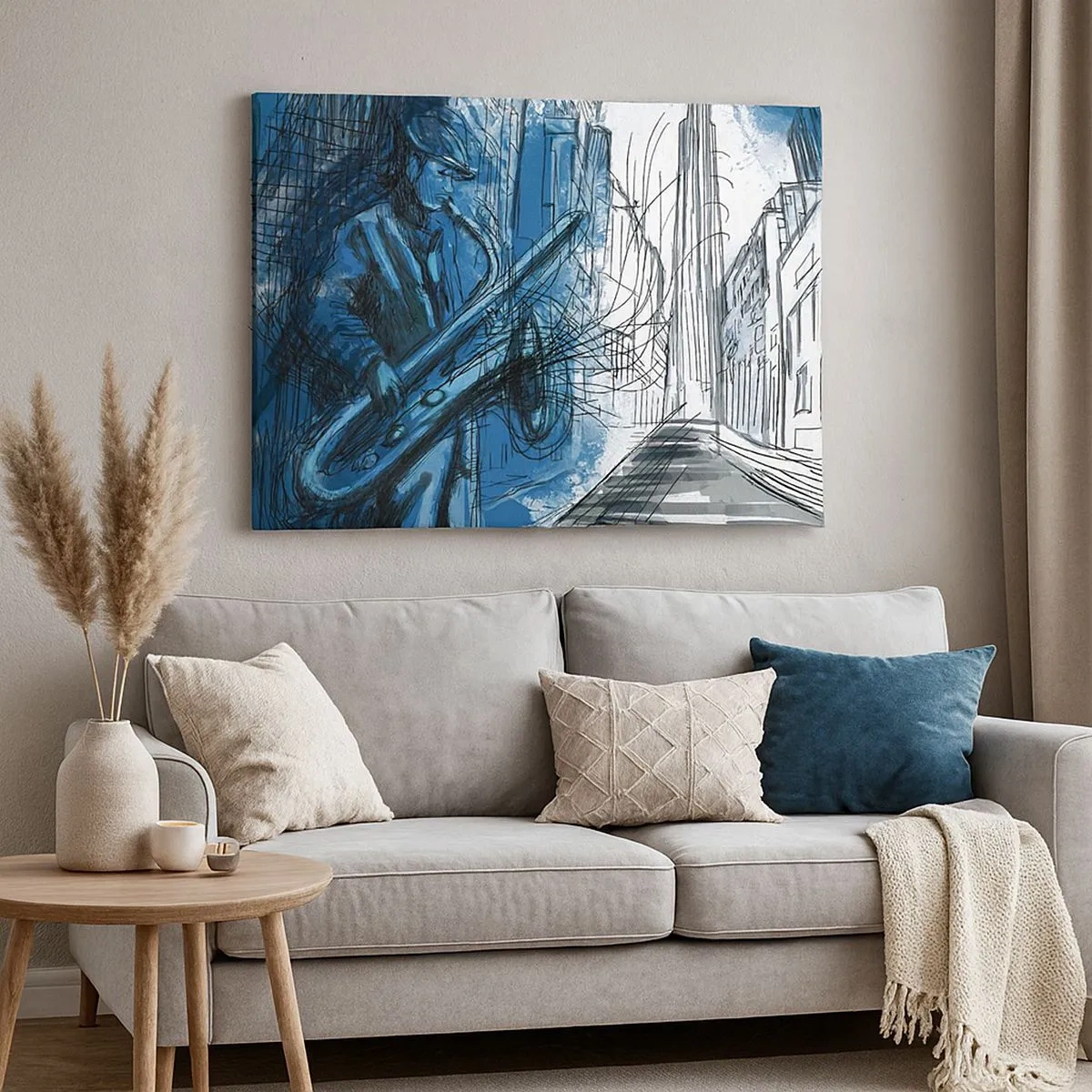 Quadro em tela - Uma figura tocando saxofone tendo como pano de fundo uma cidade - 70x50cm - Rapsódia Urbana - Decoração de parede moderna para a sala de estar e quarto ARTTOR