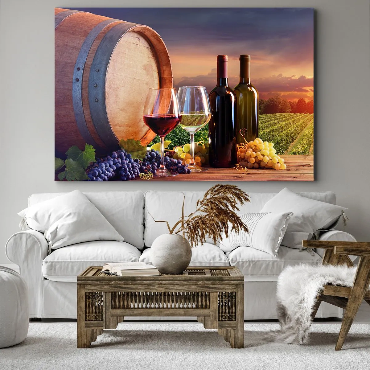 Quadro em tela - Vinho, copos e um barril em uma paisagem pitoresca - 70x50cm - Aqui a vida tem um sabor - Decoração de parede moderna para a sala de estar e quarto ARTTOR