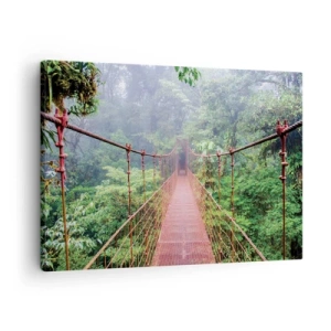 Quadro em tela - Uma ponte suspensa em uma selva tropical cercada por neblina - 70x50cm - Suspenso acima das copas - Decoração de parede moderna para a sala de estar e quarto ARTTOR