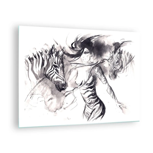Quadro em vidro - Composição em preto e branco com uma mulher e uma zebra em estilo artístico - 70x50cm - Dançando com as zebras - Decoração de parede moderna para a sala de estar e quarto ARTTOR