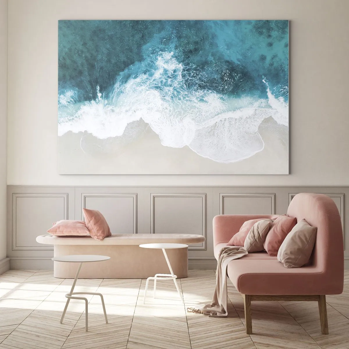 Quadro em vidro - Foto aérea de ondas do mar quebrando contra a costa - 70x50cm - Carícia natural - Decoração de parede moderna para a sala de estar e quarto ARTTOR