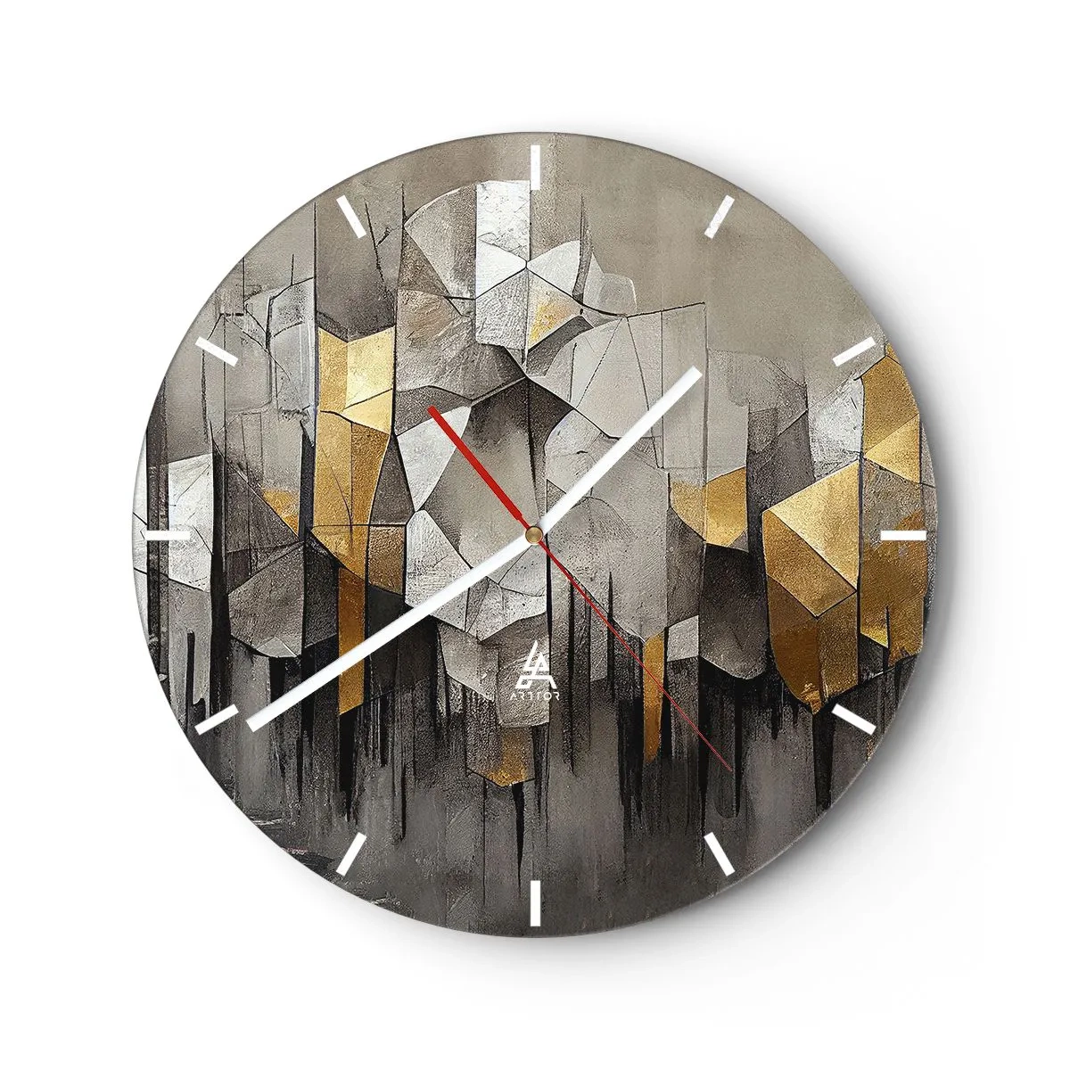 Relógio de parede - Relógio em vidro - Estrutura geométrica com tons de cinza e dourado - 30x30cm - Composição de gelo e luz - Decoração de parede moderna para a sala de estar, cozinha e quarto ARTTOR