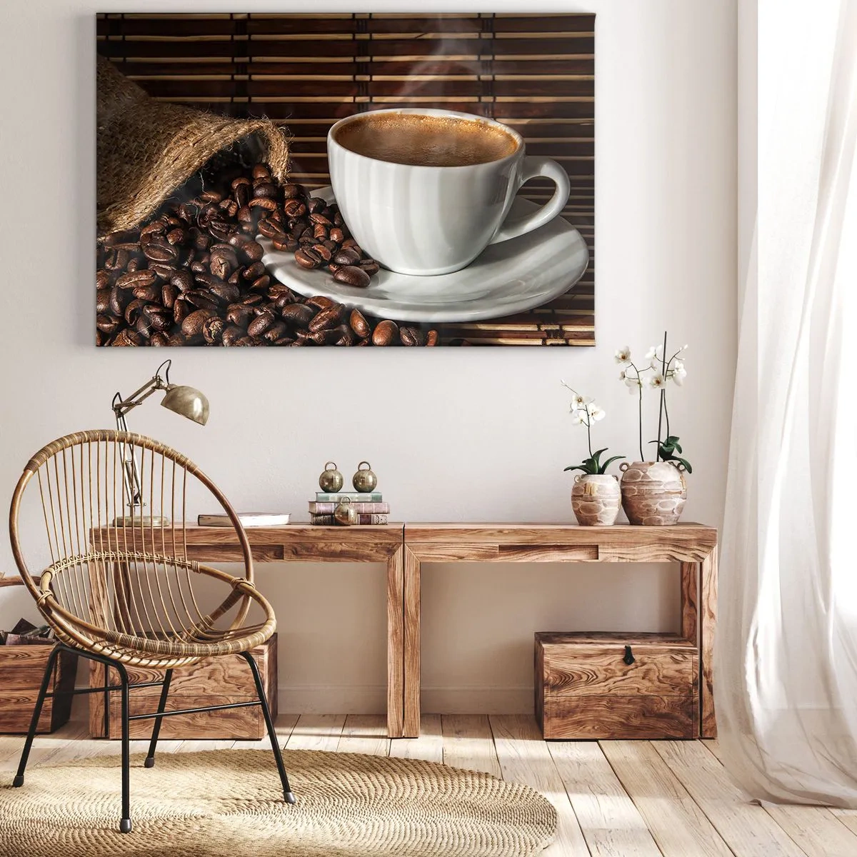 Quadro em tela - Uma xícara de café com grãos em um fundo de bambu - 70x50cm - A escuridão do carvão, a transparência do âmbar - Decoração de parede moderna para a sala de estar e quarto ARTTOR
