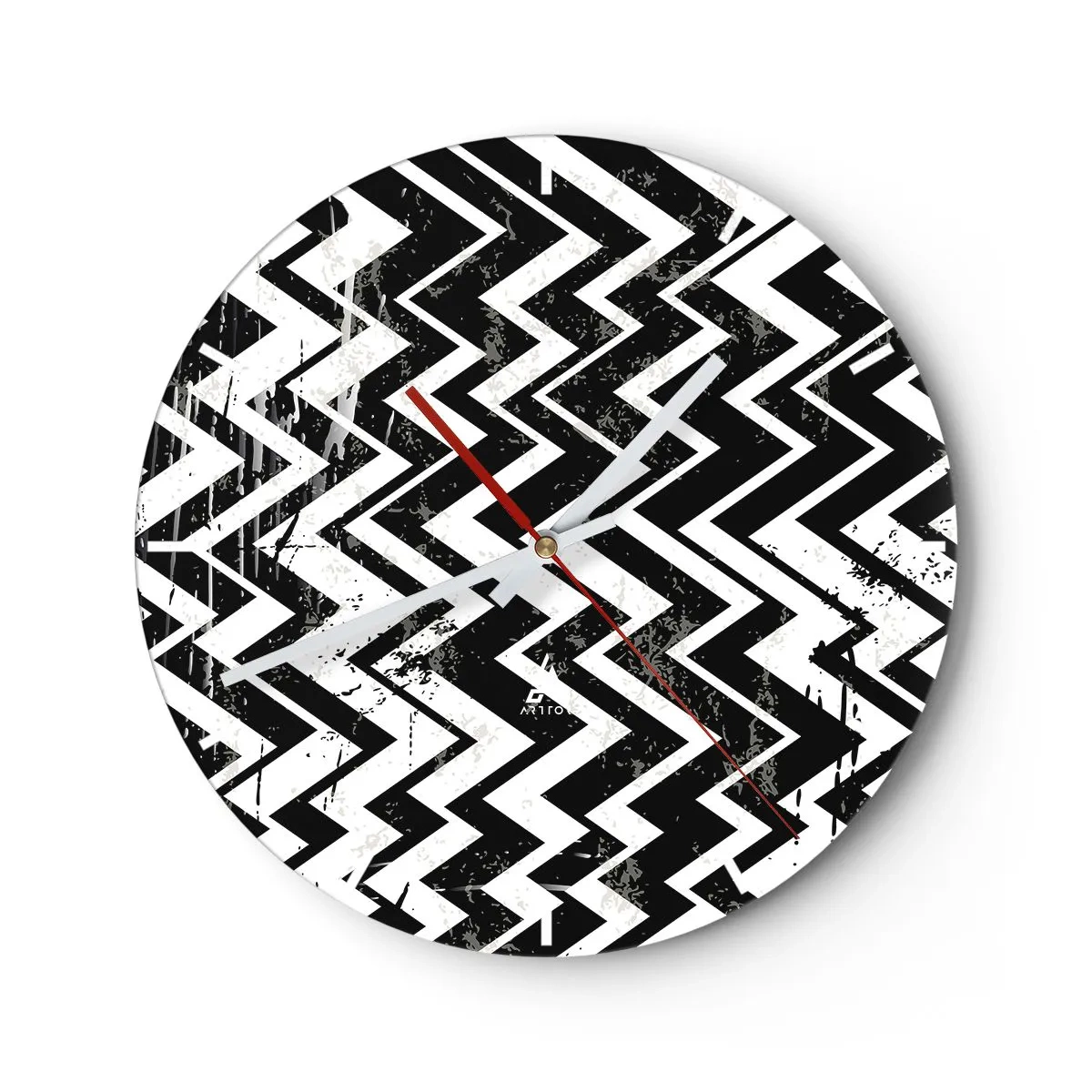 Relógio de parede - Relógio em vidro - Padrão em zigue-zague preto e branco com efeito artístico desgastado - 30x30cm - Zig-branco, zag-preto - Decoração de parede moderna para a sala de estar, cozinha e quarto ARTTOR