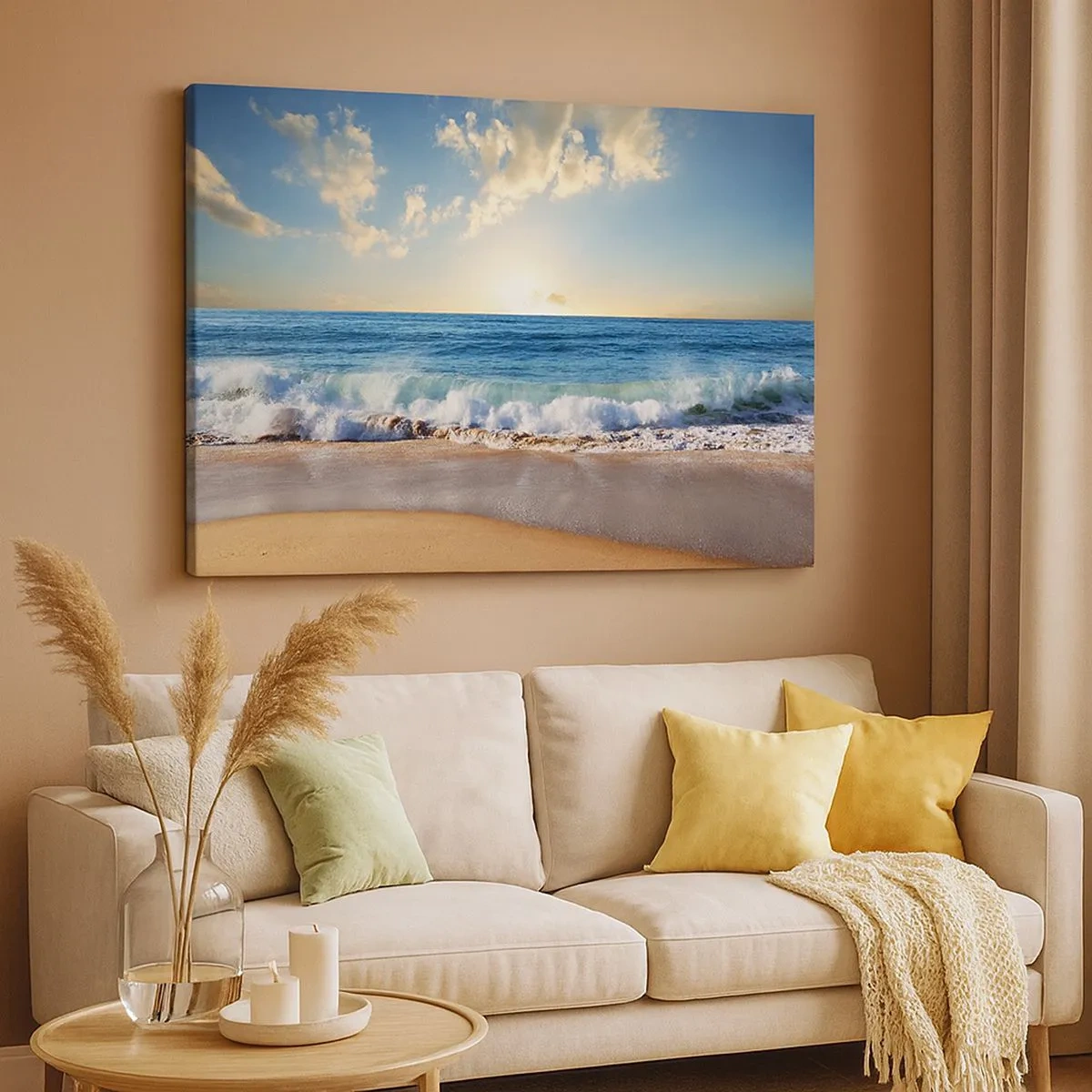 Quadro em tela - Uma praia ensolarada com ondas quebrando na costa - 70x50cm - Movimento e quietude ao mesmo tempo - Decoração de parede moderna para a sala de estar e quarto ARTTOR