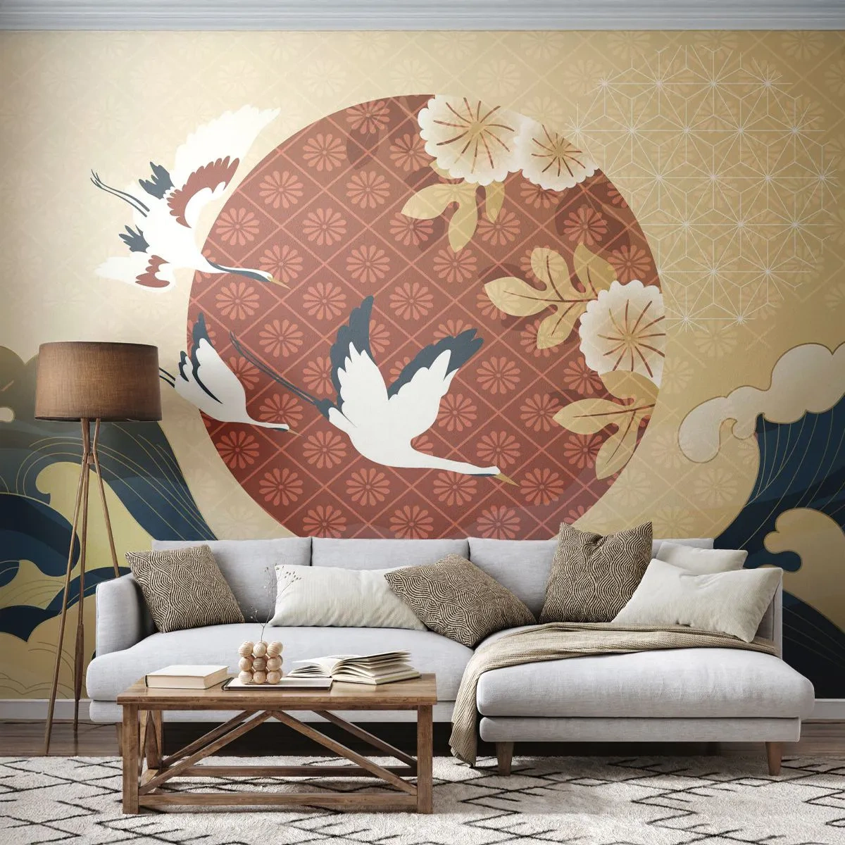 Papel de Parede Premium Sand - Conto de fadas japonês - Garça, Pássaro, Abstração - 100x70 cm