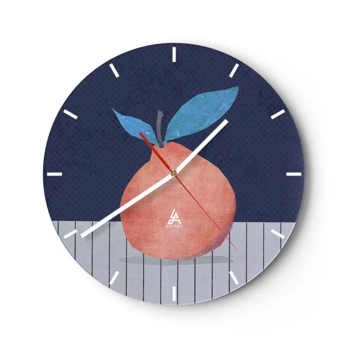Relógio de parede - Relógio em vidro - Pêssego com folhas em fundo azul marinho - 30x30cm - Convexidade e plano - Decoração de parede moderna para a sala de estar, cozinha e quarto ARTTOR