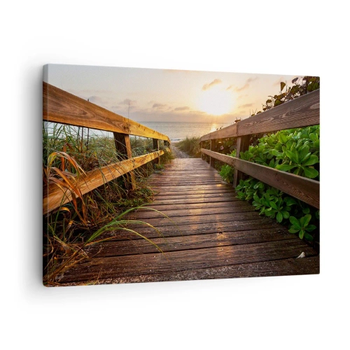 Quadro em tela - Cais de madeira que leva à praia ao pôr do sol - 70x50cm - Direto para a costa - Decoração de parede moderna para a sala de estar e quarto ARTTOR