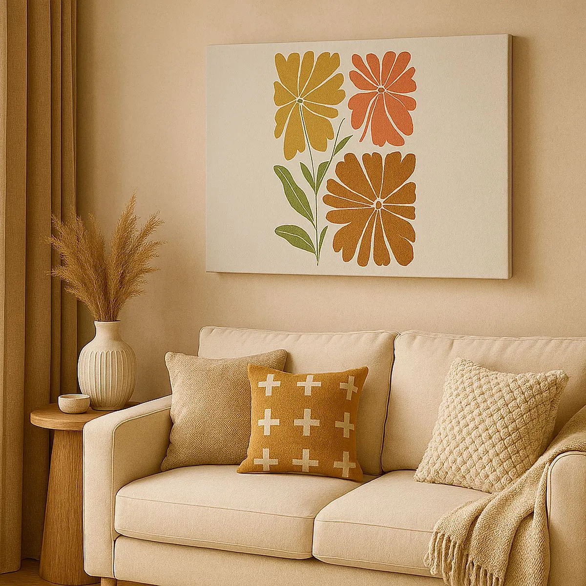 Quadro em tela - Três flores em cores quentes sobre fundo claro - 70x50cm - Natureza e geometria - Decoração de parede moderna para a sala de estar e quarto ARTTOR