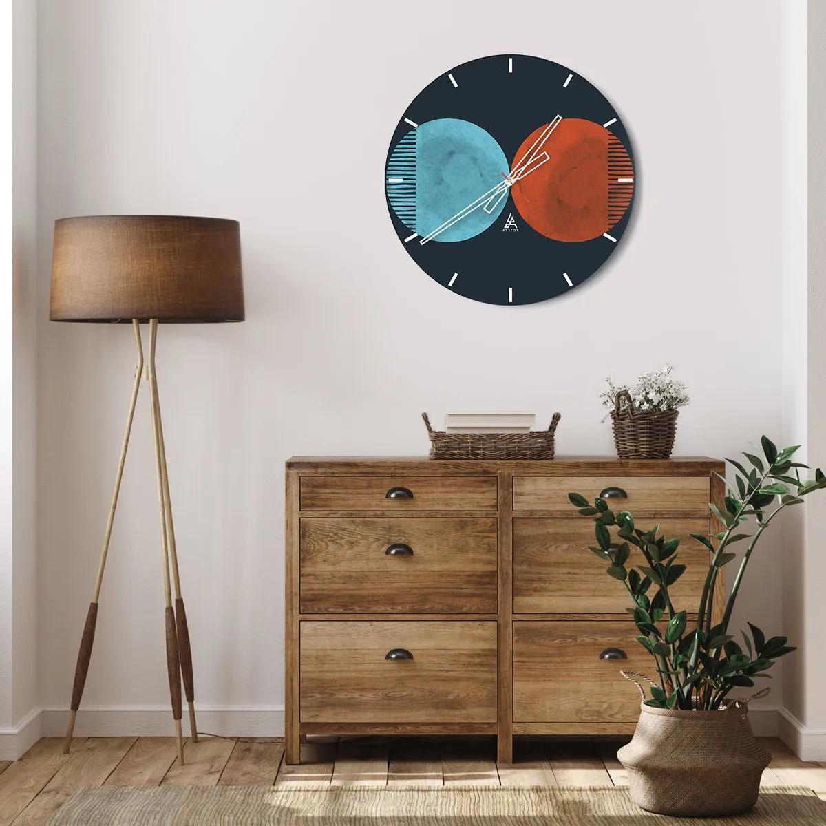 Relógio de parede - Relógio em vidro - Uma combinação de círculos azuis e vermelhos com linhas geométricas - 30x30cm - Apenas geometria? - Decoração de parede moderna para a sala de estar, cozinha e quarto ARTTOR