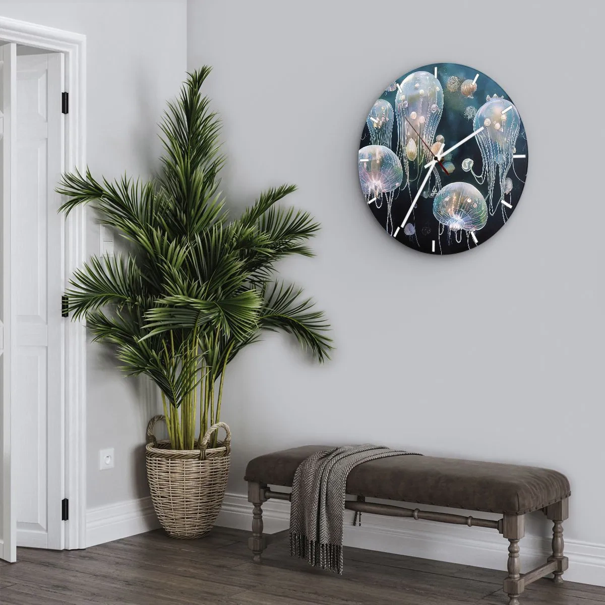 Relógio de parede - Relógio em vidro - Águas-vivas de cor pastel flutuando nas profundezas - 30x30cm - Bola Subaquática - Decoração de parede moderna para a sala de estar, cozinha e quarto ARTTOR