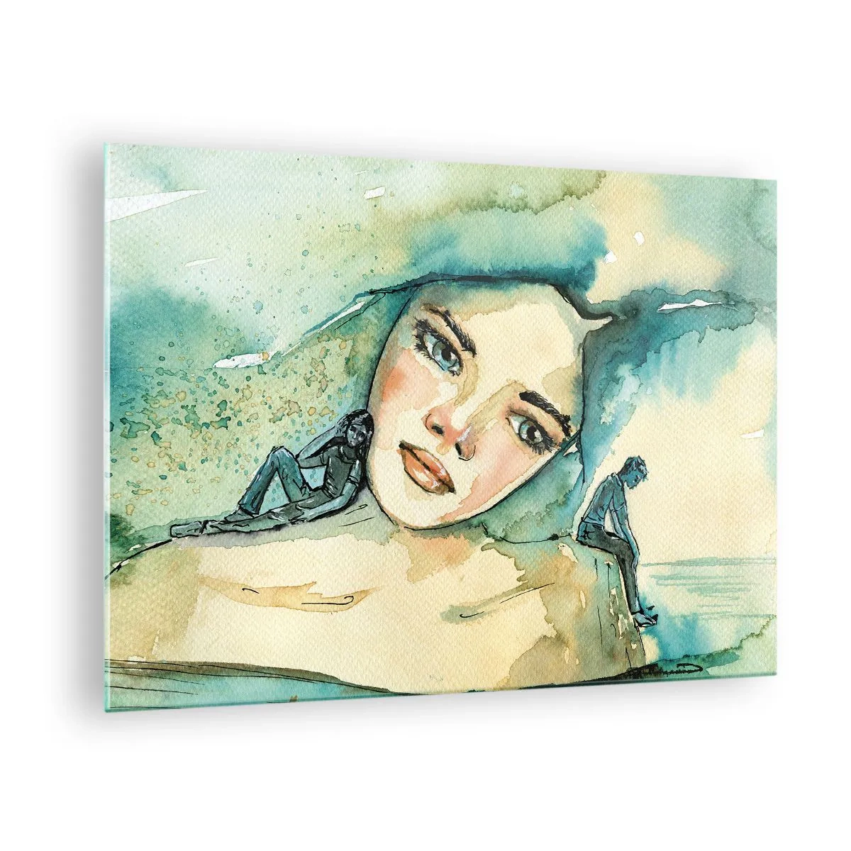 Quadro em vidro - Retrato de uma mulher em estilo aquarela com silhuetas de figuras - 70x50cm - Am I blue? - Decoração de parede moderna para a sala de estar e quarto ARTTOR