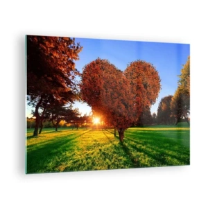 Quadro em vidro - Uma árvore em forma de coração tendo como pano de fundo o pôr do sol - 70x50cm - E como não amar o outono - Decoração de parede moderna para a sala de estar e quarto ARTTOR