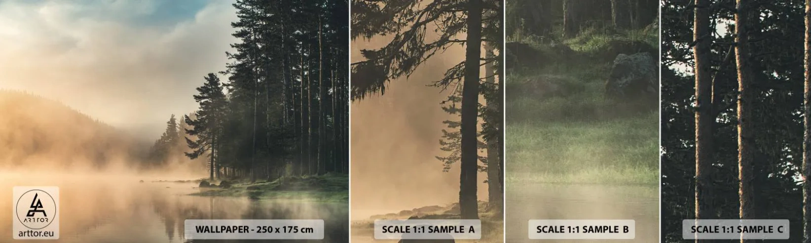 Amostra de Papel de Parede Standard Eco - O nascimento do dia - Paisagem, Lago, Floresta - 100x30 cm