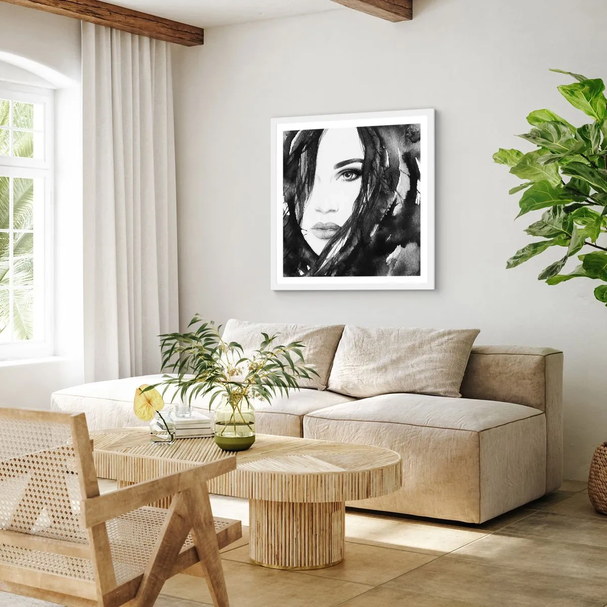Pôster em moldura branca - Retrato de uma dama a preto e branco - 60x60 cm