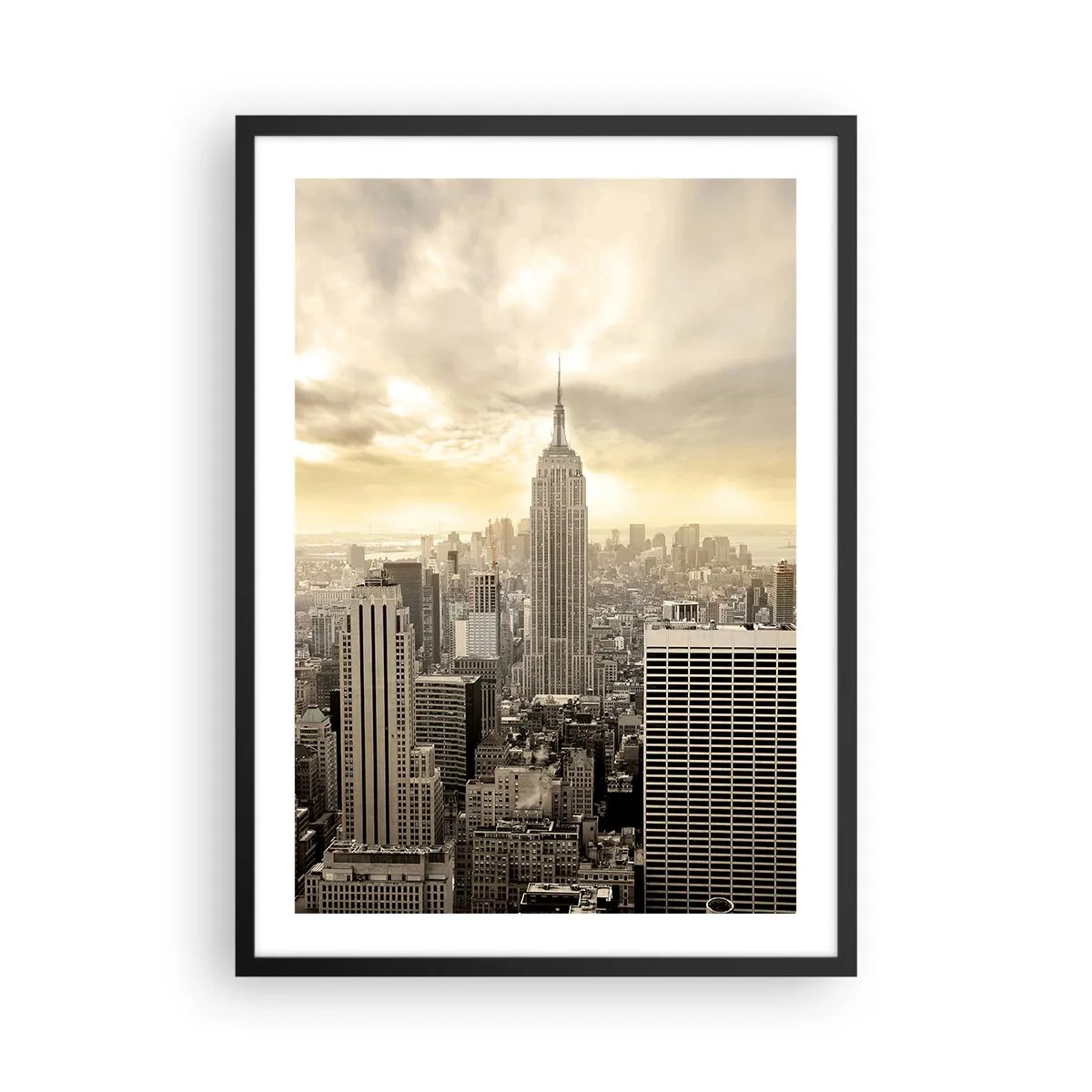 Pôster com moldura preta - Panorama da cidade de Nova York com o Empire State Building - 50x70cm - Nova Iorque em tons de cinza - Decoração de parede moderna para a sala de estar e quarto ARTTOR