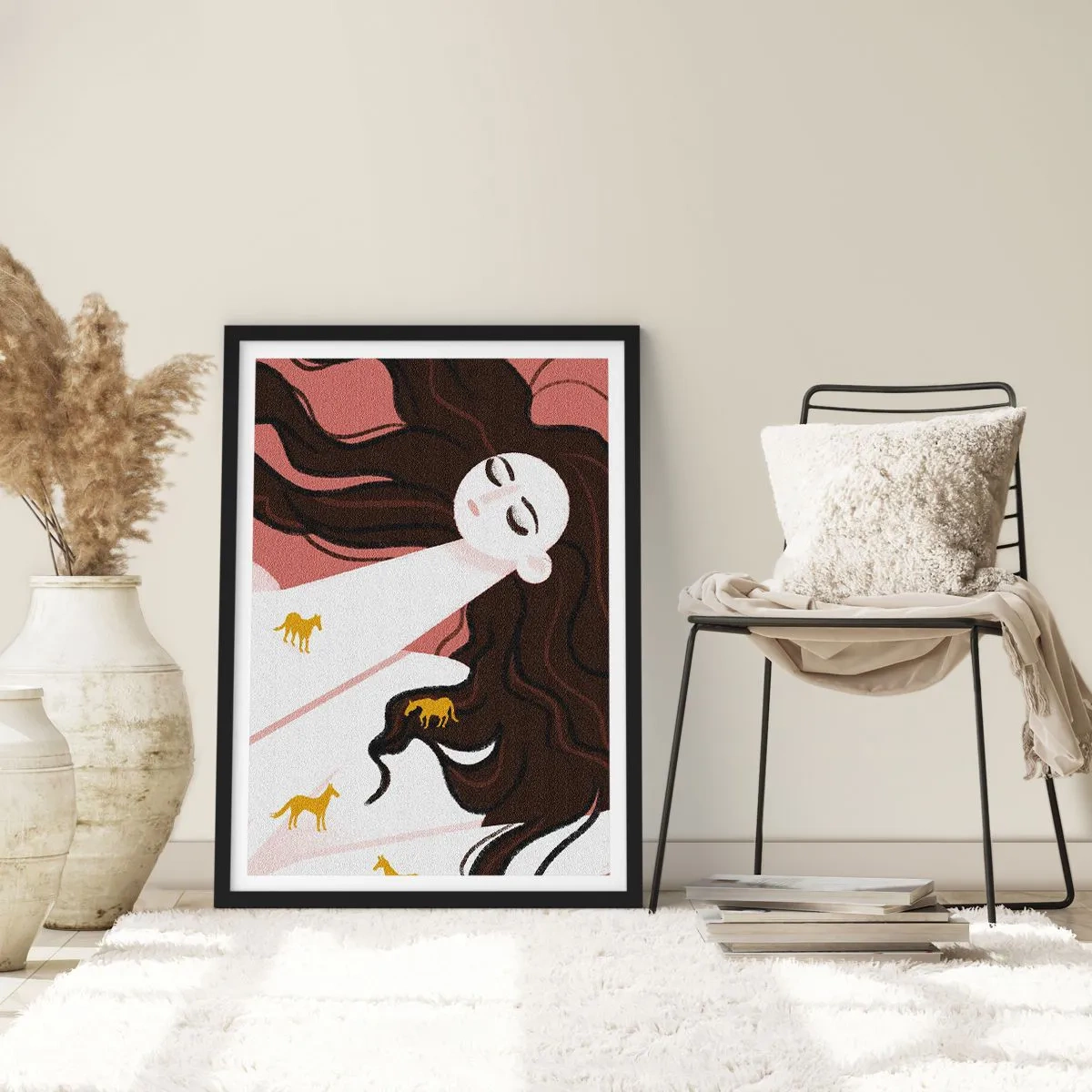 Pôster com moldura preta - Uma mulher sonhadora com cabelos longos e cavalos dourados - 50x70cm - Sonho com um cavalo dourado - Decoração de parede moderna para a sala de estar e quarto ARTTOR