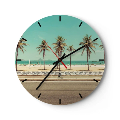 Relógio de parede - Relógio em vidro - Palmeiras e uma praia com calçadão à beira do mar azul-turquesa - 30x30cm - Em guarda da praia - Decoração de parede moderna para a sala de estar, cozinha e quarto ARTTOR