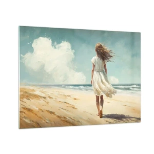 Quadro em vidro - Uma mulher de vestido branco caminhando descalça em uma praia ensolarada - 70x50cm - Para encontrar o sol e o vento - Decoração de parede moderna para a sala de estar e quarto ARTTOR