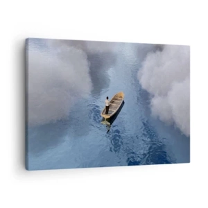 Quadro em tela - Um homem em um barco em um mar calmo cercado por nuvens - 70x50cm - Vida – jornada – desconhecido - Decoração de parede moderna para a sala de estar e quarto ARTTOR