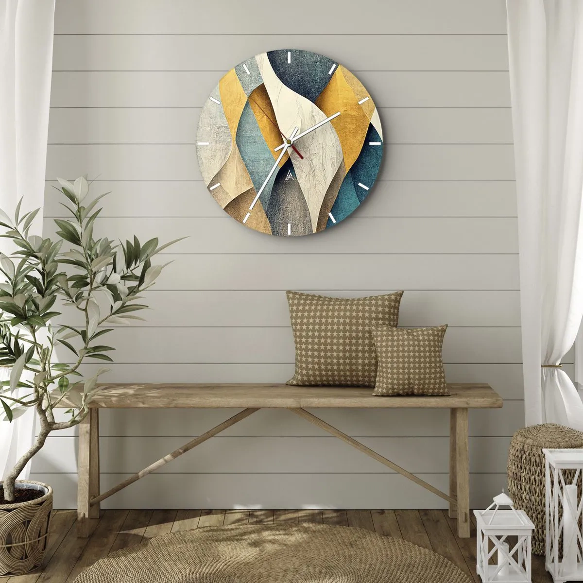 Relógio de parede - Relógio em vidro - Ondas geométricas em dourado, azul marinho, turquesa e bege - 30x30cm - Ritmo e onda - Decoração de parede moderna para a sala de estar, cozinha e quarto ARTTOR