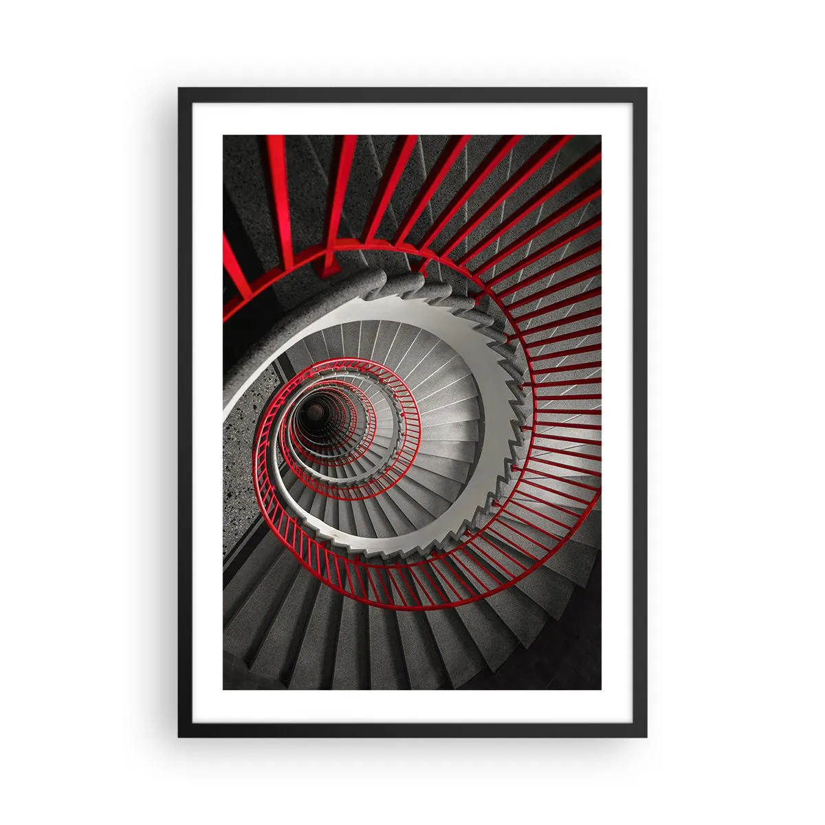 Pôster com moldura preta - Escada em espiral em preto e branco com corrimão vermelho - 50x70cm - Diversão de arquitetura - Decoração de parede moderna para a sala de estar e quarto ARTTOR
