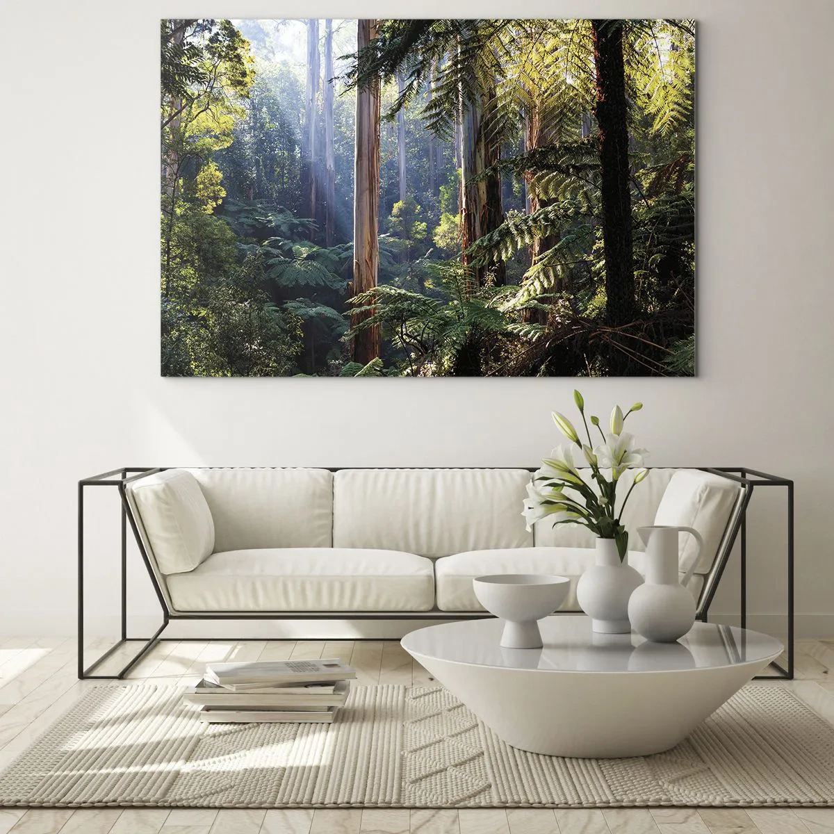 Quadro em vidro - Floresta tropical verde com raios de sol - 70x50cm - Um conto de fadas da floresta - Decoração de parede moderna para a sala de estar e quarto ARTTOR