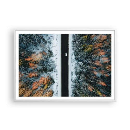 Pôster em moldura branca - Cortar a floresta no inverno - 100x70 cm