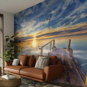 Papel de Parede Standard Eco - Cais de madeira sobre o lago ao pôr do sol - 100x70cm - O vento descansa - Decoração de parede moderna para a sala de estar e quarto ARTTOR