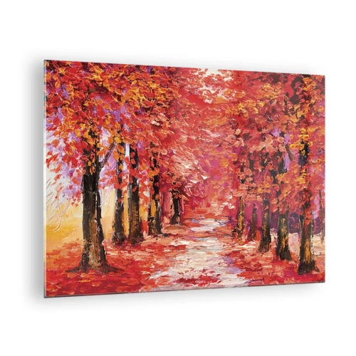 Quadro em vidro - Um beco pitoresco com cores outonais repletas de tons quentes - 70x50cm - Impressão de outono - Decoração de parede moderna para a sala de estar e quarto ARTTOR