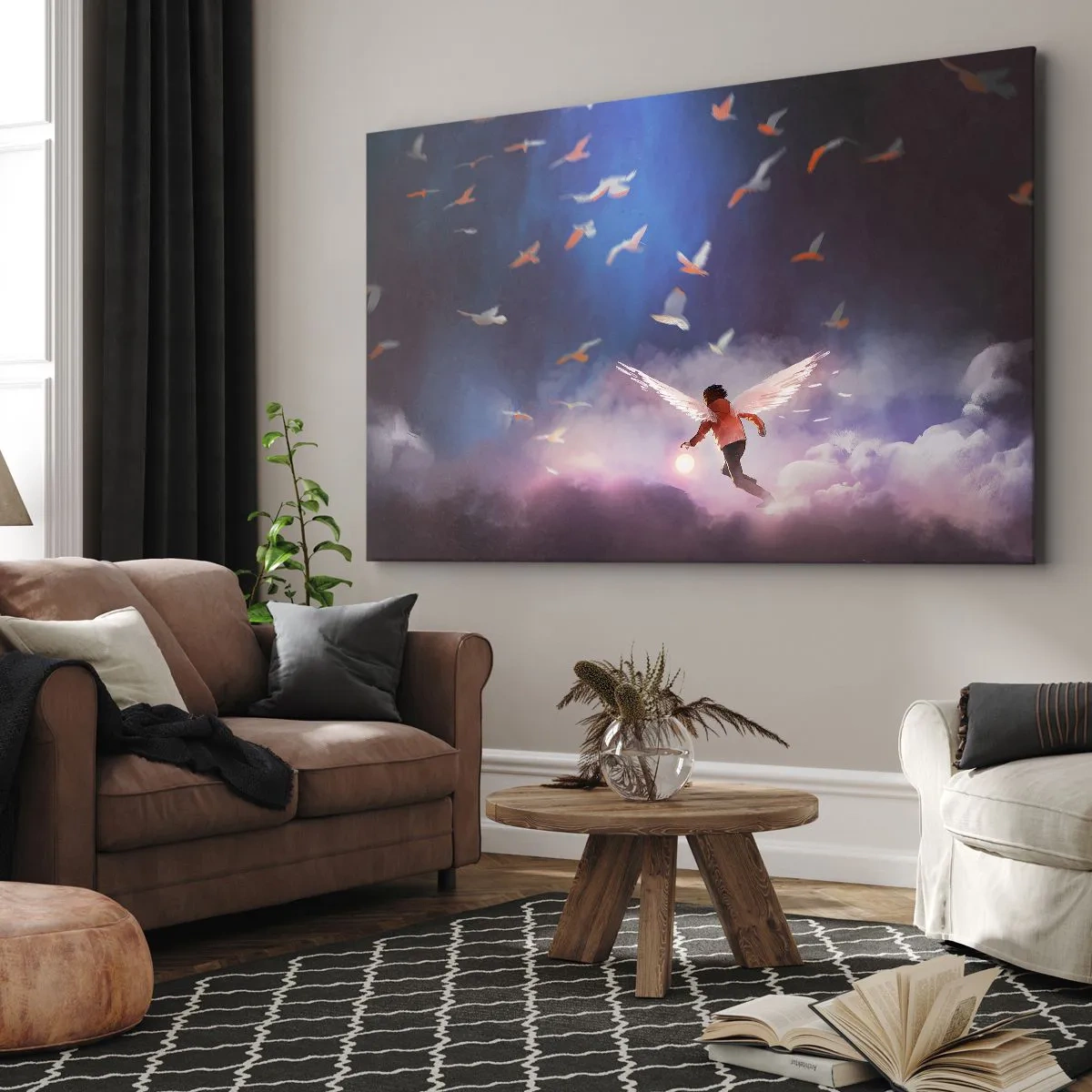 Quadro em tela - Uma figura com asas de anjo flutuando entre pássaros no céu - 70x50cm - É preciso ter imaginação e coragem - Decoração de parede moderna para a sala de estar e quarto ARTTOR