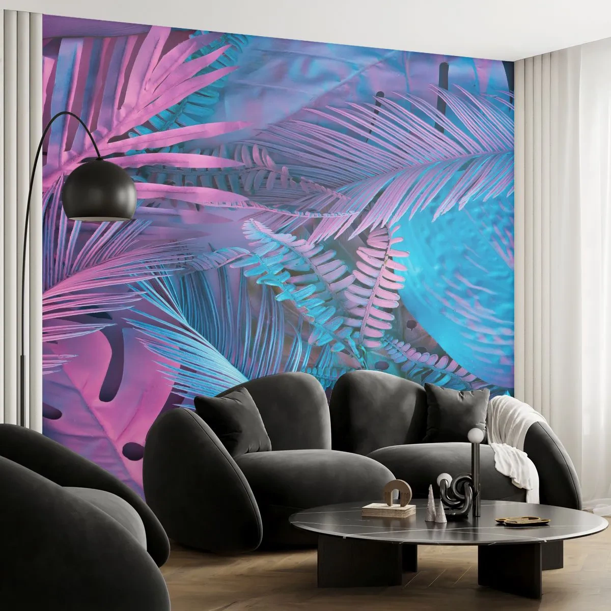 Papel de Parede Standard Eco - Trópicos em rosa e azul - Abstração, Folhas, Planta tropical - 400x280 cm