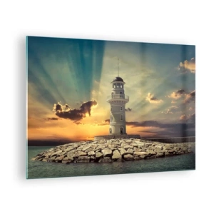 Quadro em vidro - Um farol tendo como pano de fundo o pôr do sol - 70x50cm - Luz - Bondade - Beleza - Decoração de parede moderna para a sala de estar e quarto ARTTOR