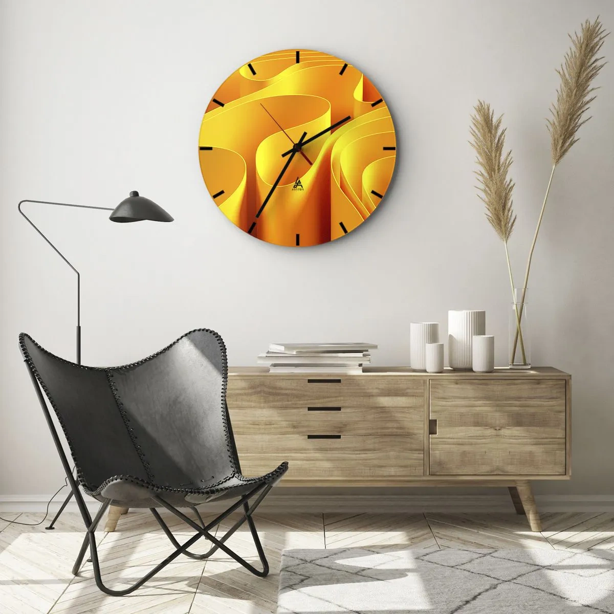 Relógio de parede - Relógio em vidro - Formas douradas abstratas que lembram ondas de luz - 30x30cm - Como as ondas do sol - Decoração de parede moderna para a sala de estar, cozinha e quarto ARTTOR