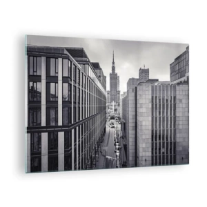Quadro em vidro - Vista da cidade em preto e branco com arranha-céus e uma rua - 70x50cm - Vale de Varsóvia - Decoração de parede moderna para a sala de estar e quarto ARTTOR