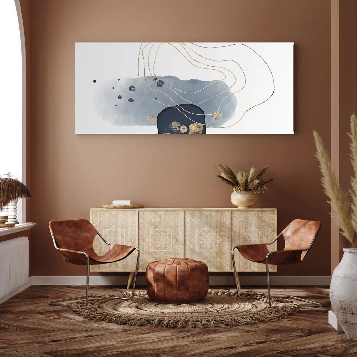 Quadro em tela - Fantasia azul e dourada - 90x30 cm