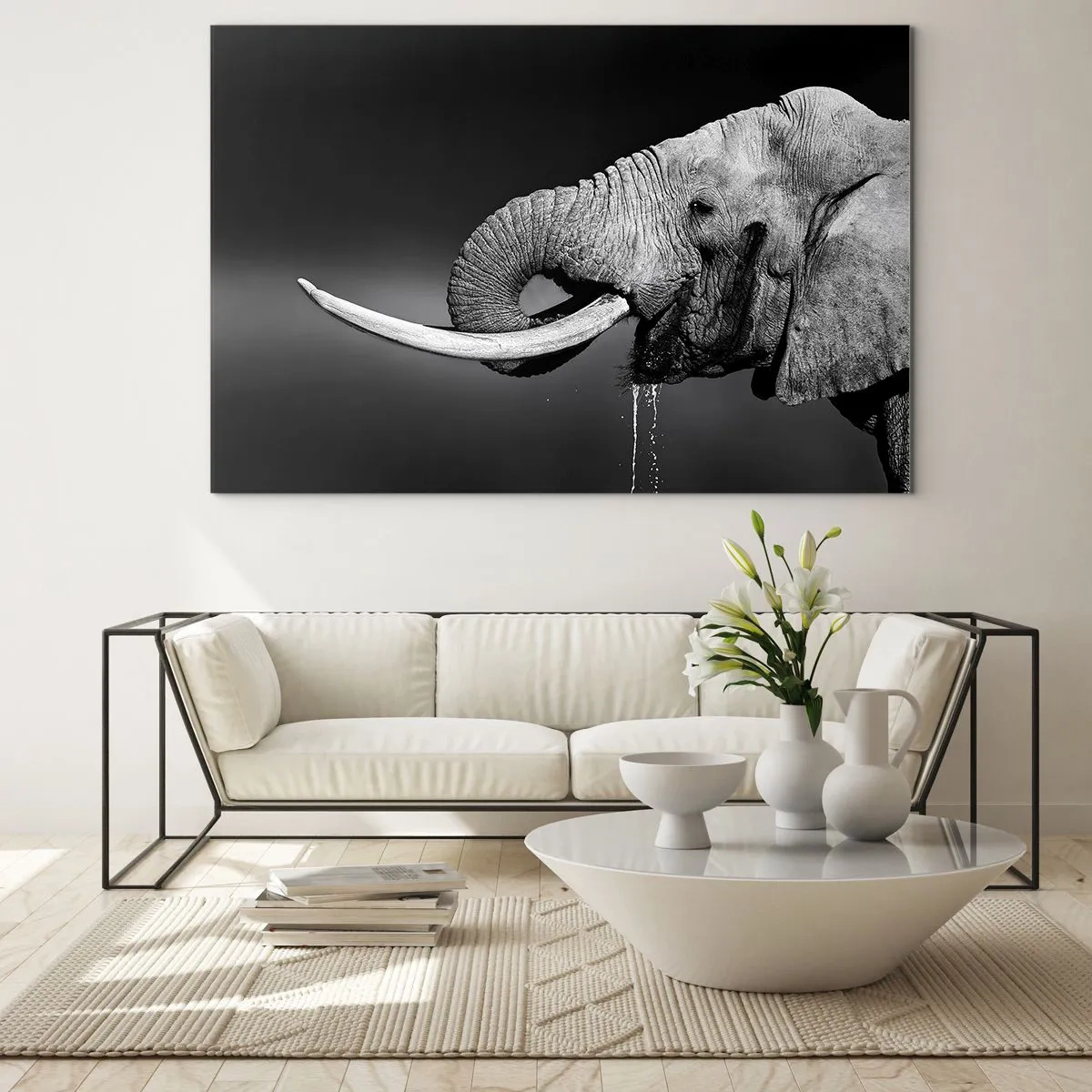 Quadro em vidro - Retrato em preto e branco de um elefante com tromba - 70x50cm - Sim, agora está tudo bem - Decoração de parede moderna para a sala de estar e quarto ARTTOR
