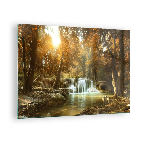 Quadro em vidro - Uma cachoeira em um parque cercado por árvores em cores de outono - 70x50cm - A cascata do parque - Decoração de parede moderna para a sala de estar e quarto ARTTOR