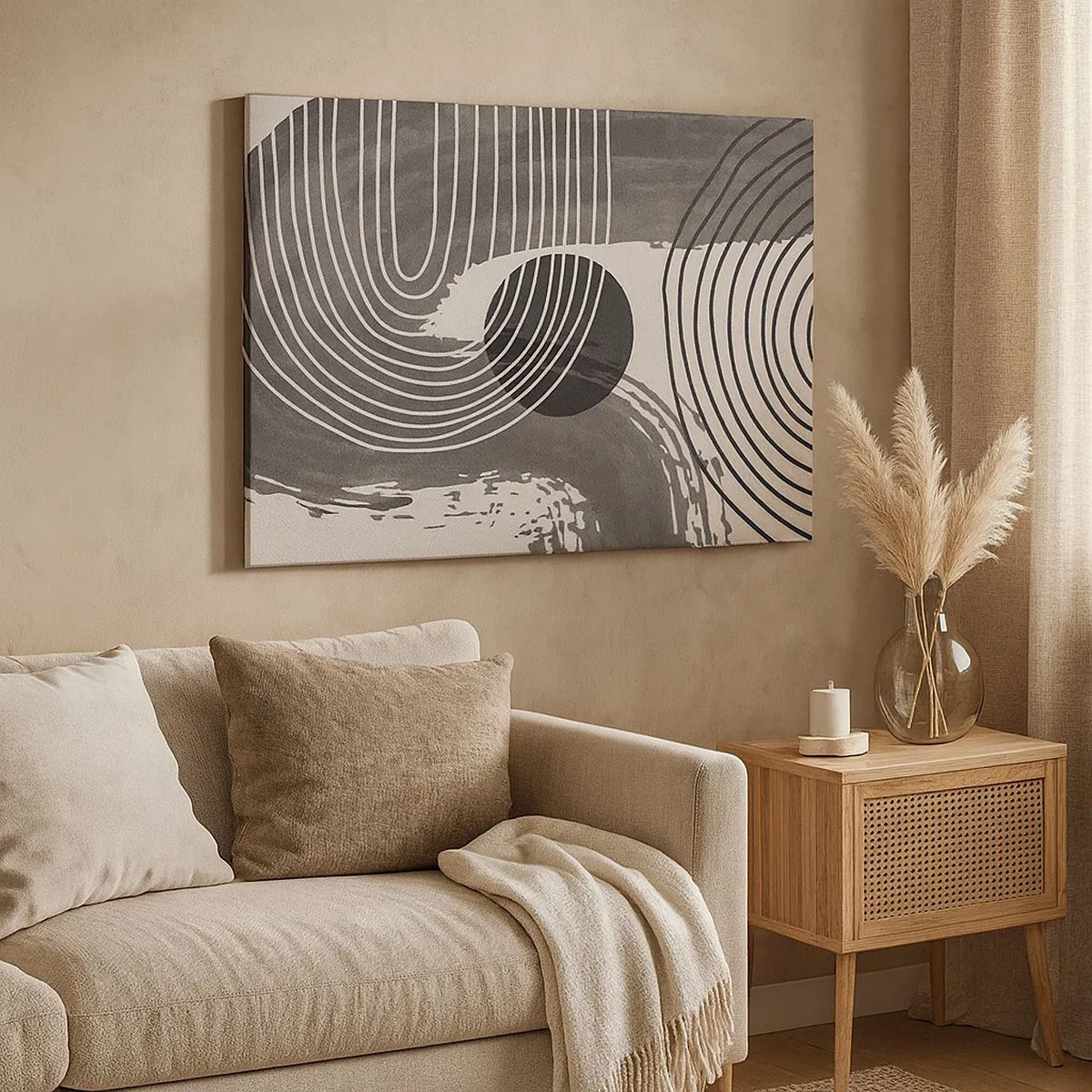 Quadro em tela - Linhas geométricas e ovais em tons monocromáticos - 70x50cm - O oval vence - Decoração de parede moderna para a sala de estar e quarto ARTTOR