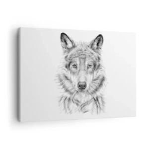 Quadro em tela - Esboço de uma cabeça de lobo em estilo monocromático sobre fundo branco - 70x50cm - Um líder nato - Decoração de parede moderna para a sala de estar e quarto ARTTOR