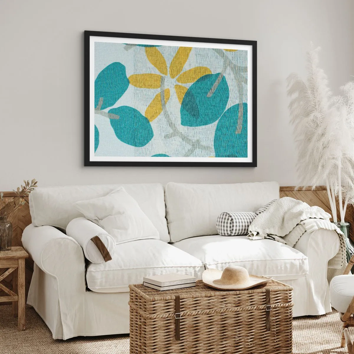 Pôster com moldura preta - Entre as folhas azuis - 70x50 cm
