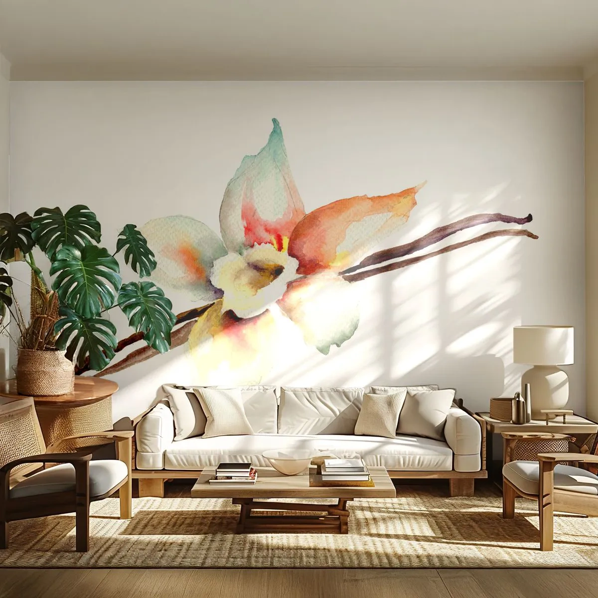 Papel de Parede Autocolante Deluxe Sticker - Doçura derramada com tinta - Flor de baunilha, Flor, Palito de baunilha - 250x175 cm