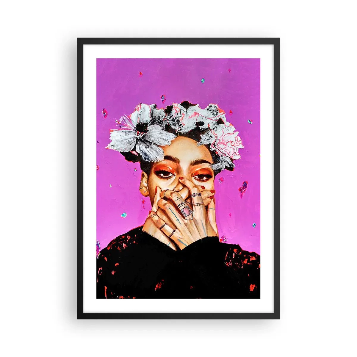 Pôster com moldura preta - Um retrato expressivo de uma mulher contra um fundo intensamente rosa. - 50x70cm - Um pouco louco - Decoração de parede moderna para a sala de estar e quarto ARTTOR