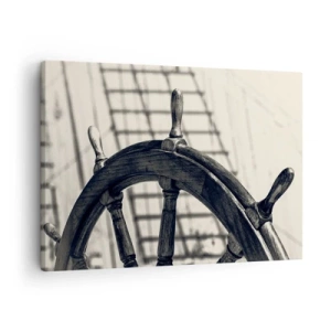 Quadro em tela - Um leme de vela em estilo retrô com um navio ao fundo - 70x50cm - Contos do mar - Decoração de parede moderna para a sala de estar e quarto ARTTOR
