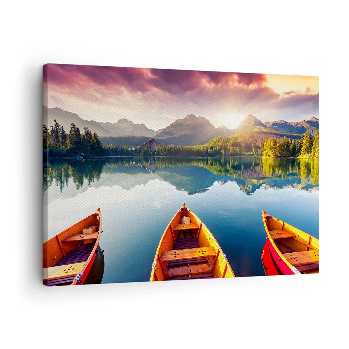 Quadro em tela - Três barcos de madeira tendo como pano de fundo um lago de montanha ao pôr do sol - 70x50cm - Nada contra a natureza - Decoração de parede moderna para a sala de estar e quarto ARTTOR