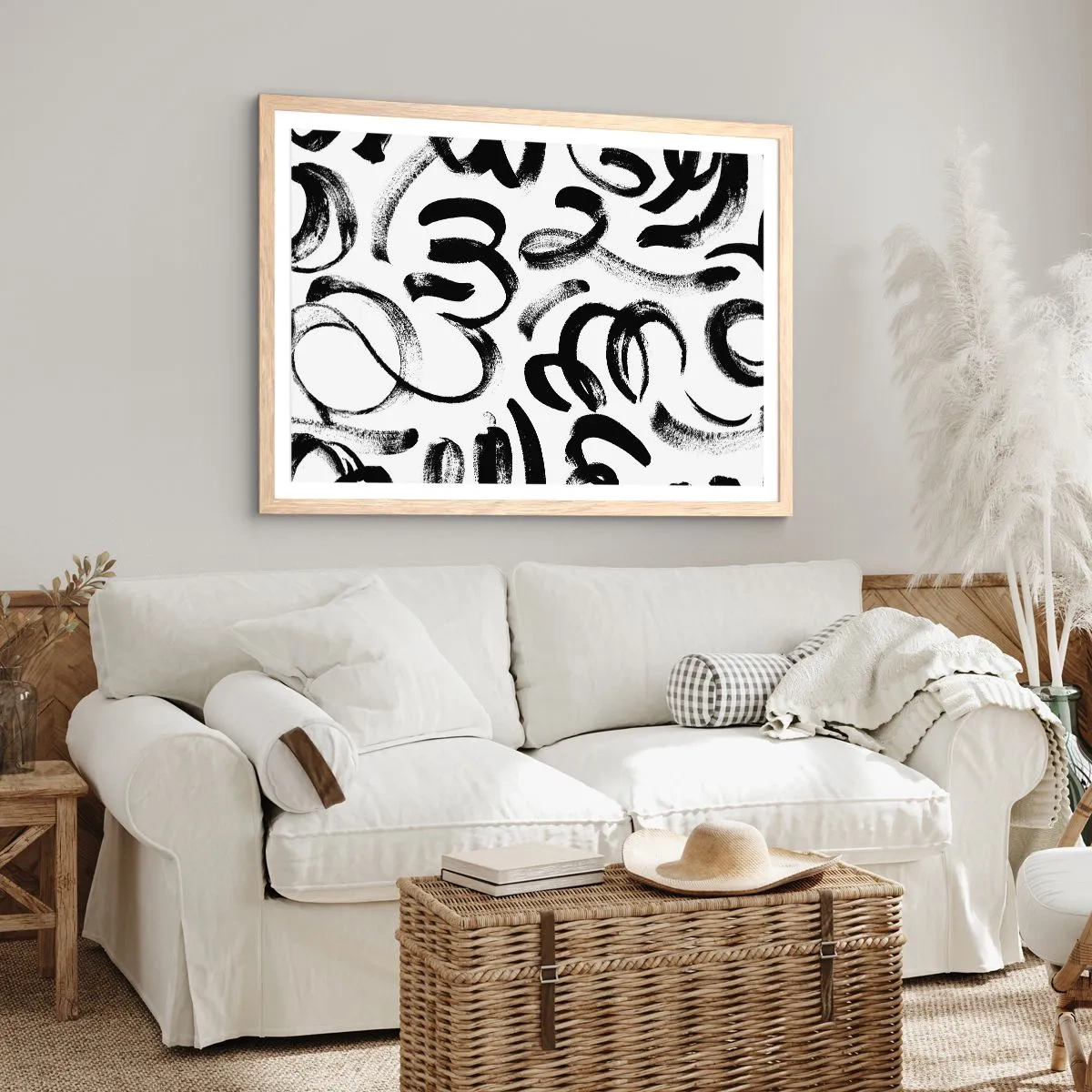 Pôster com moldura de carvalho claro - Preto sobre branco - 100x70 cm