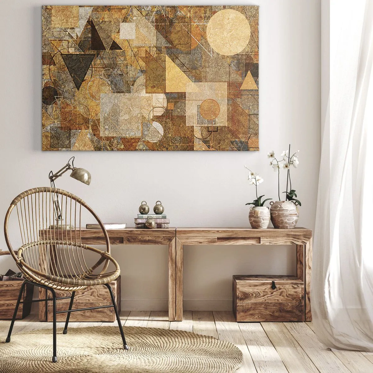 Quadro em tela - Figuras geométricas abstratas em tons quentes - 70x50cm - Estudo Cubista em Bronze - Decoração de parede moderna para a sala de estar e quarto ARTTOR